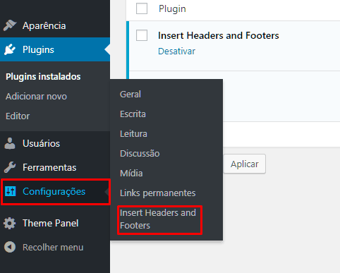 Acessando o painel do plugin Insert Headers and Footers